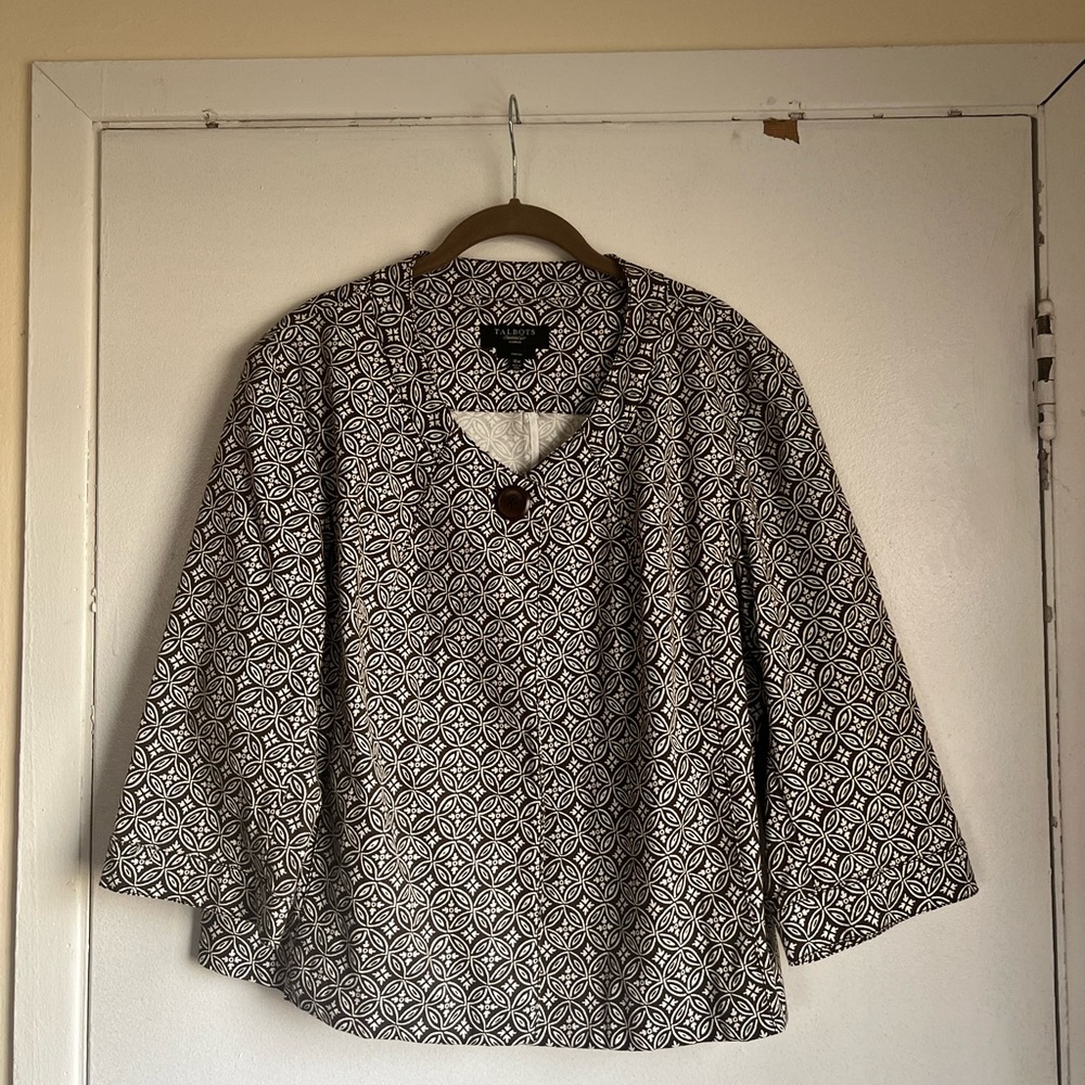 Talbots One Button 3/4 Sleeve Brown White Cotton Blend Cropped Blazer Size 16W